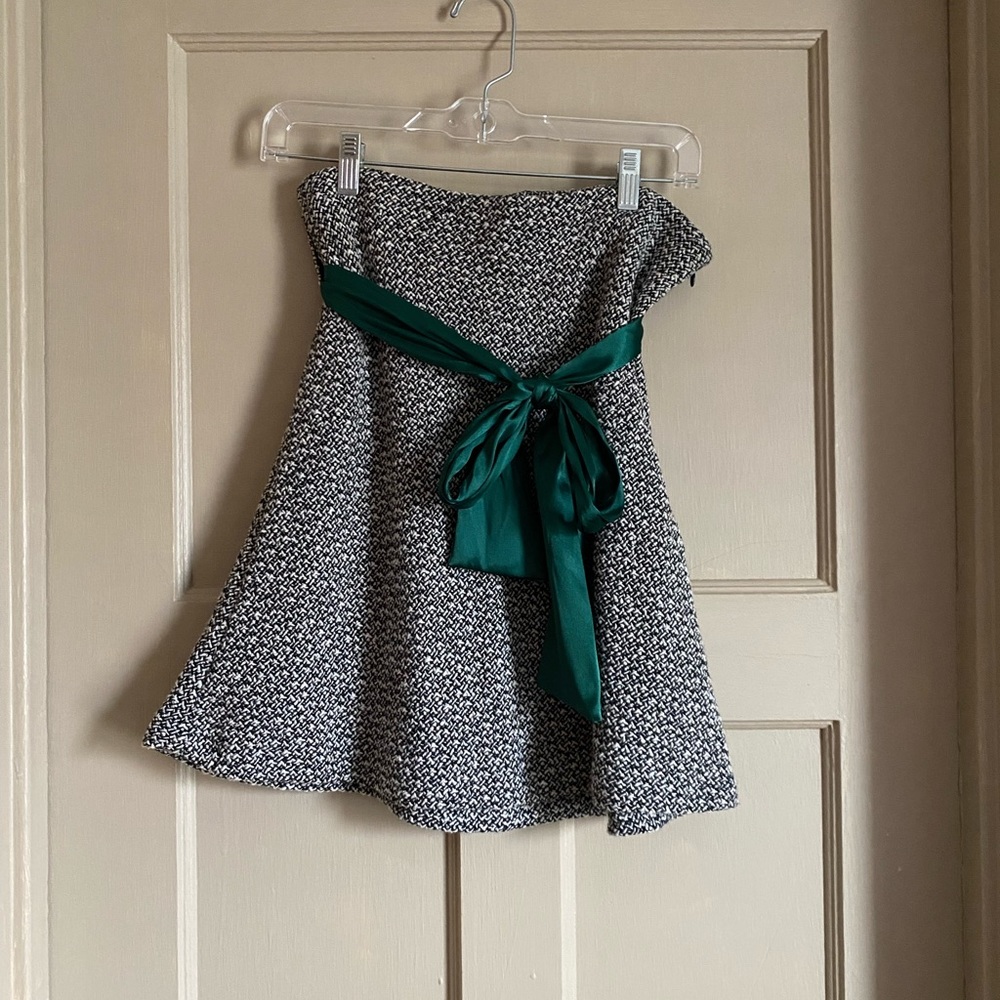 Black/White Boucle Skirt with Hunter Green Bow
